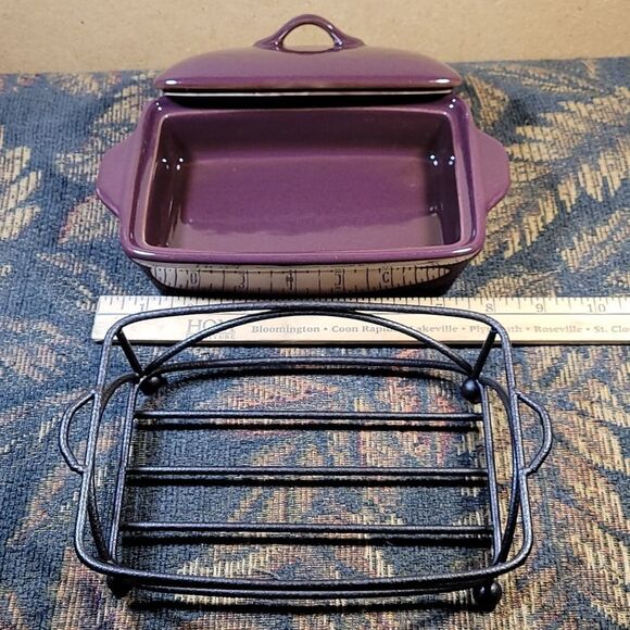 Tastefully Simple Dip Crock Bowl/ Lid Metal Stand Eggplant Serving Dish - Picture 2 of 7